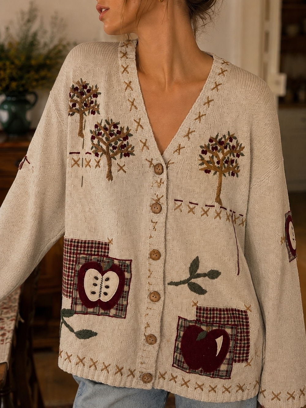 Cream Button-Front Embroidered Apple & Tree Cardigan